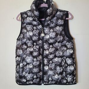 Betsey Johnson Black And White Floral Reversible Puffer Vest Size Medium